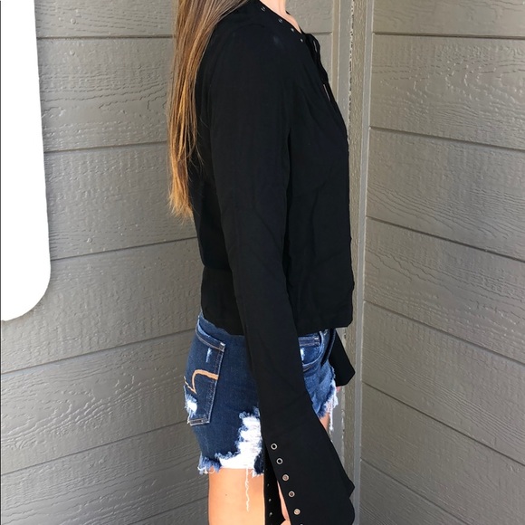 Blue Blush Bell Sleeve Tie Front Shirt - Picture 2 of 4